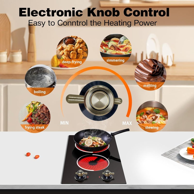 Jessier 2 Burner Electric Cooktop - Built-in 3000W Two Burner Electric Stove, 220V Ceramic Cook Top with 9 Power Heating Levels, Knob Control, 220V - 240V Hard Wired (No Plug) - Image 3